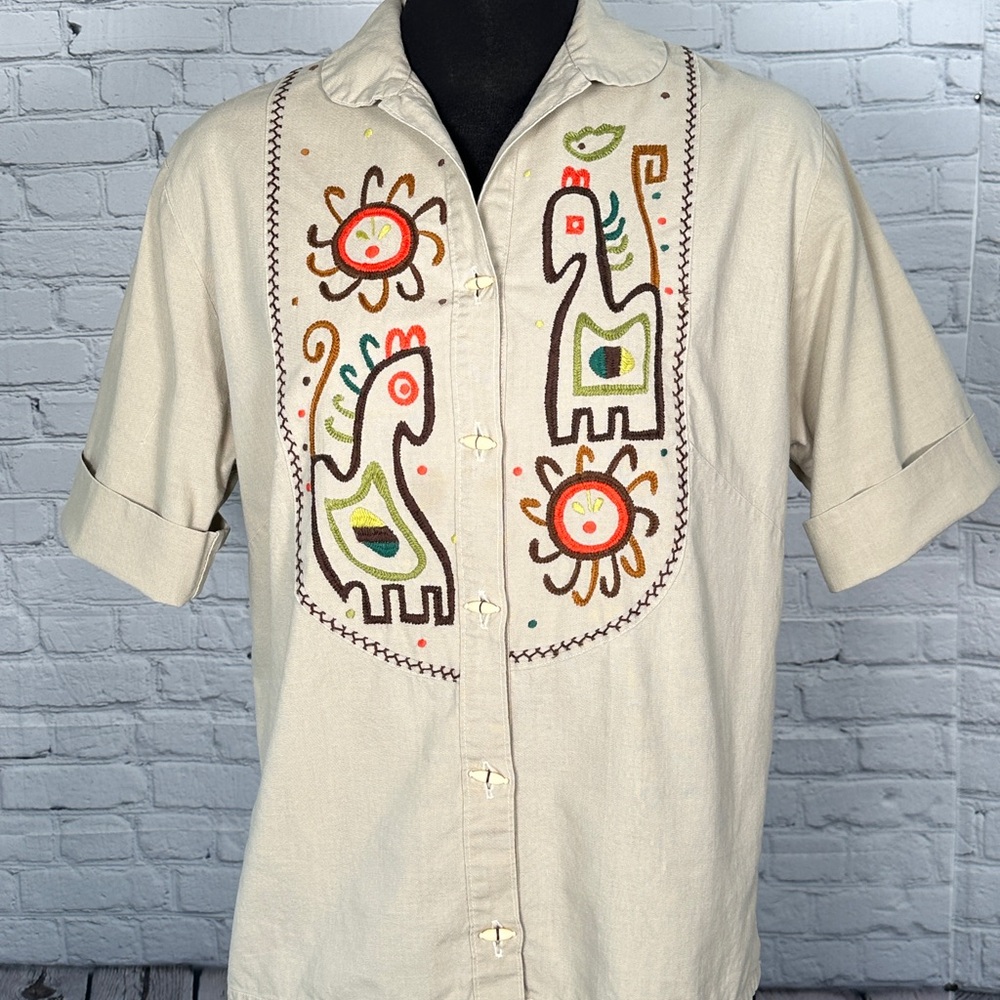 Vintage Embroidered Mexican Top Wood Buttons Incan Animals Boho L